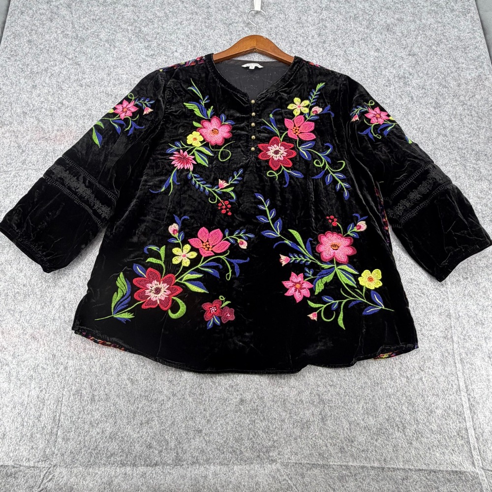 John Mark Velvet Floral Embroidered Blouse Black XL Lace Sleeve Boho Top
